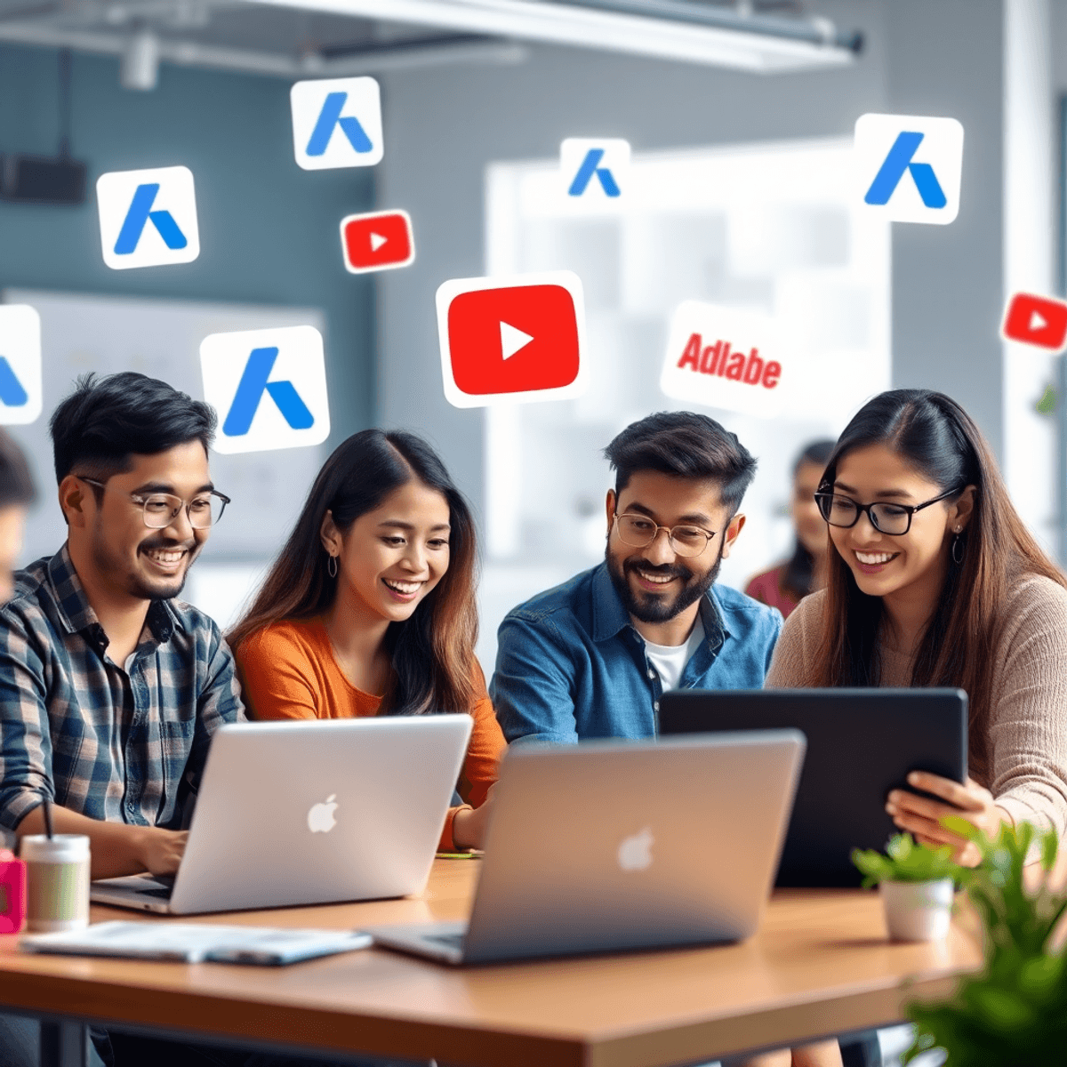 Google AdSense: برنامج الإعلانات العالمي للربح من الإنترنت مساحة عمل رقمية نابضة بالحياة مع مجموعة من المبدعين يعملون على أجهزة لابتوب وتابلت محاطين بأيقونات جوجل أدسنس ويوتيوب.