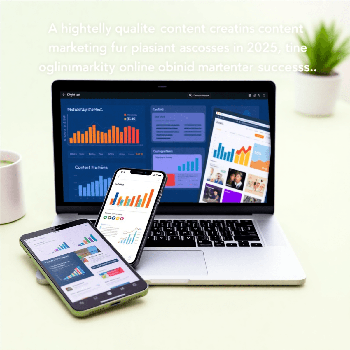 نصائح عامة لزيادة الأرباح وتحقيق نجاح مستدام مع خدمات جوجل في 2025 مساحة عمل رقمية نابضة بالحياة تحتوي على لابتوب وهاتف ذكي وجهاز لوحي يعرضون رسوم بيانية وأدوات إنشاء محتوى.