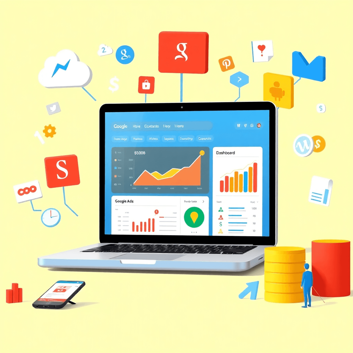 Google Ads: الترويج والإعلان لتحقيق أرباح إضافية كمبيوتر محمول يعرض لوحة تحكم إعلانات جوجل مع رسوم بيانية وأيقونات محركات البحث والمال والمستخدمين، يرمز للإعلان الرقمي ونمو الأعمال.