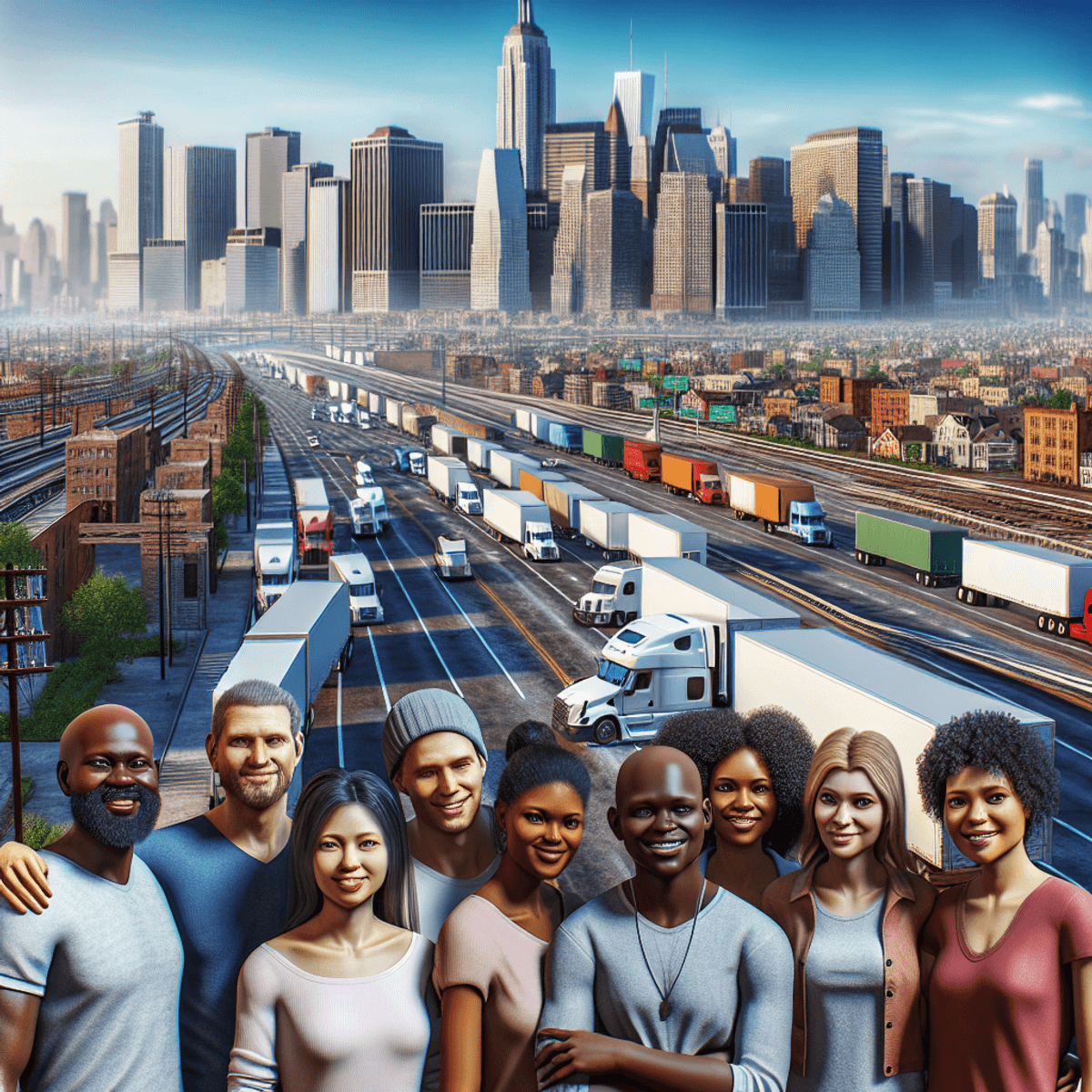 A diverse group of African descent immigrants, including men and women of varying ages, are joyfully standing together next to a large transportation truck. They are smiling and exuding a sense of camaraderie and community. The backdrop features a bustling urban environment with a busy highway and a sprawling cityscape, showcasing the vibrant transportation industry. The scene conveys optimism and opportunity, with the characters interacting positively amidst the symbols of their work in logistics and transportation.