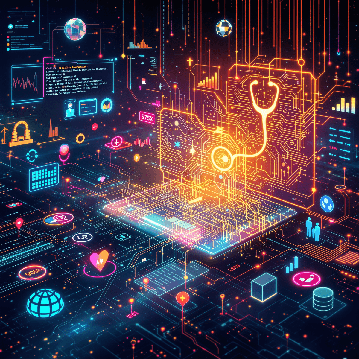 A vibrant futuristic digital landscape featuring a glowing computer screen with code, a stethoscope with circuit patterns, and financial graphs, symbolizing AI's impact on various industries.