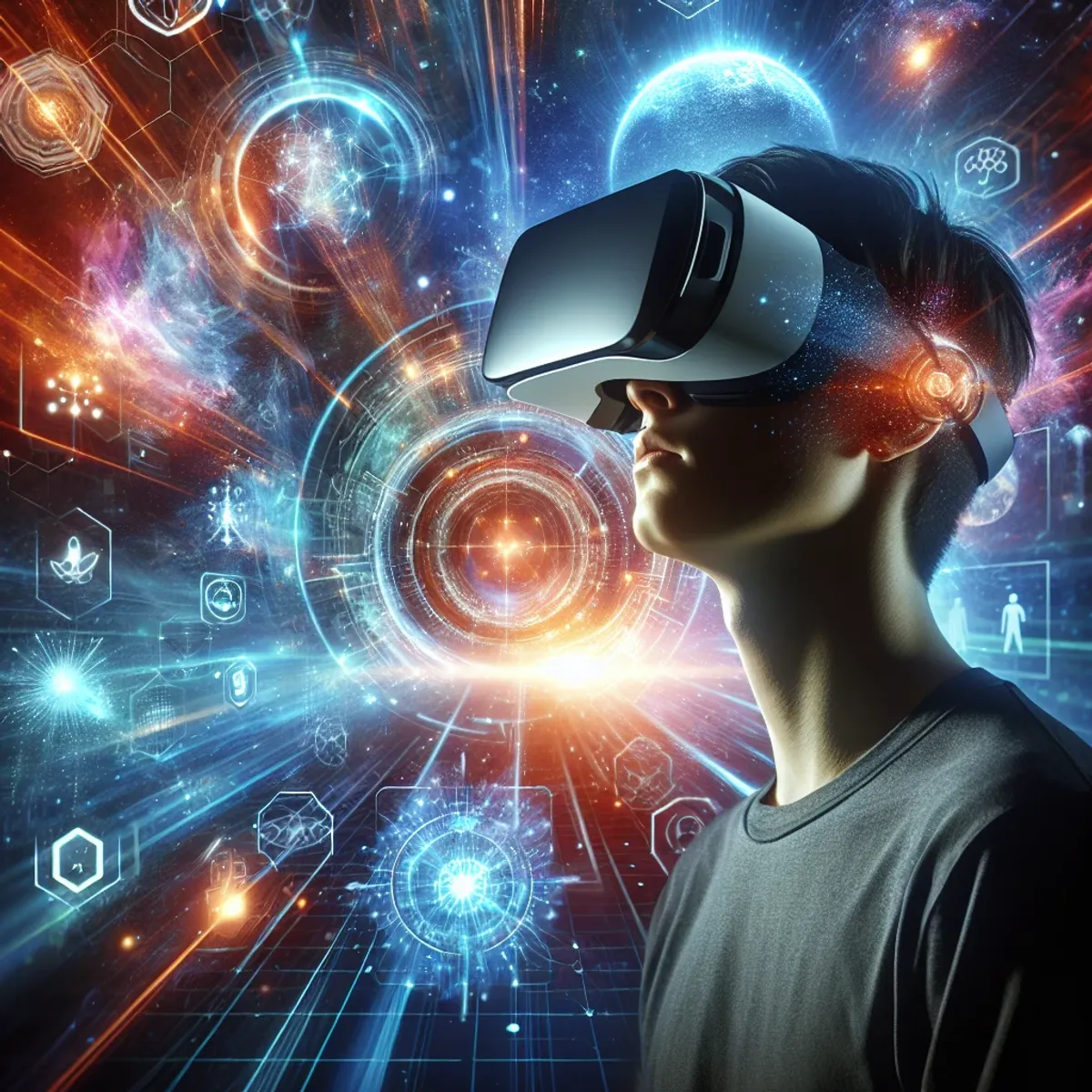 A person wearing a VR headset and immersed in a colorful, futuristic virtual reality experience.