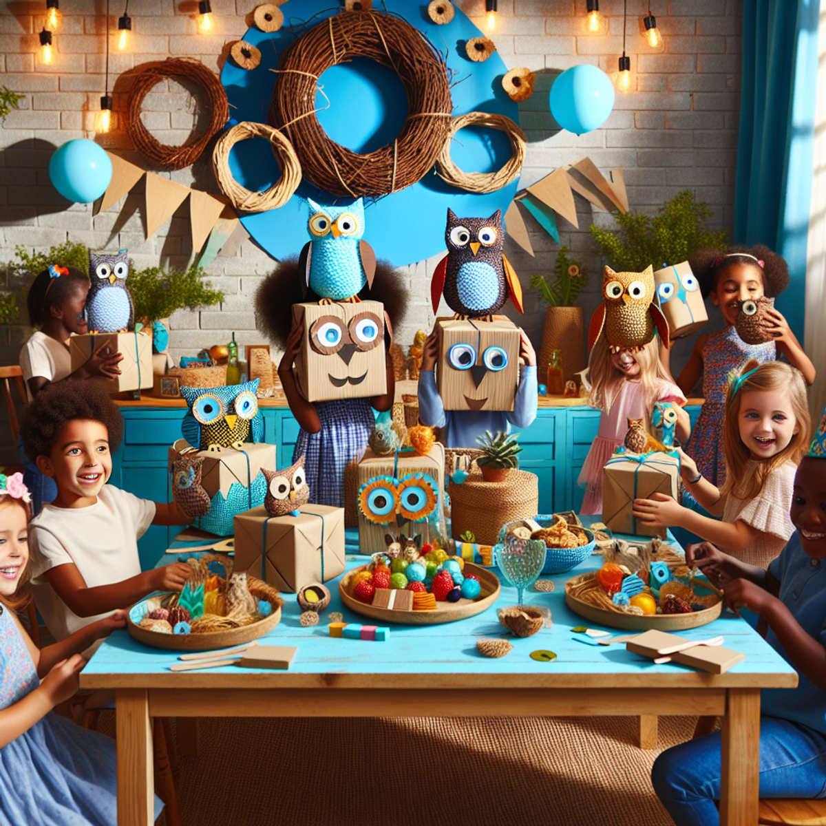 A vibrant and colorful owl-themed birthday party with children of diverse backgrounds playing games and enjoying owl-shaped snacks, surrounded by handcrafted decorations and natural wood elements.