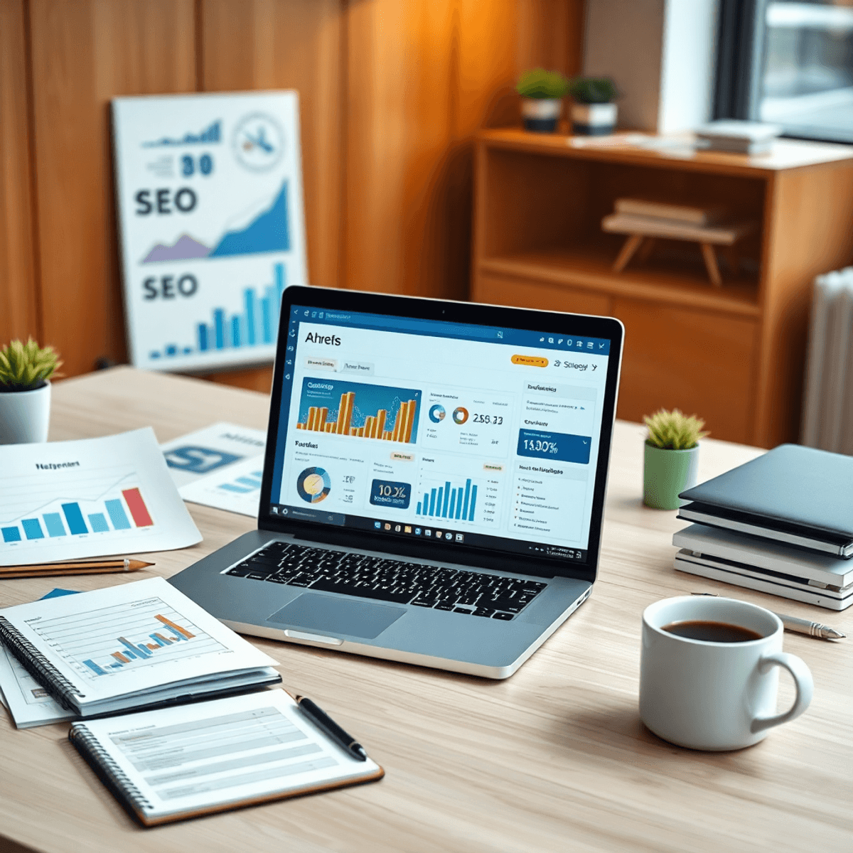 A modern digital marketing workspace with a laptop showing an SEO dashboard, charts, graphs, a notepad with strategies, and a coffee cup, all in a professional setting.