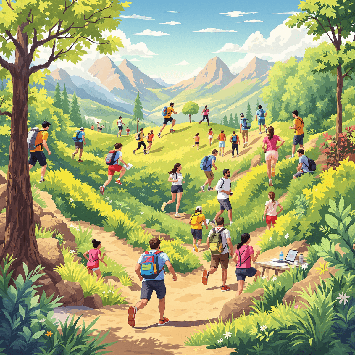 A vibrant scene of people hiking, running, and working at a desk, symbolizing physical and mental endurance in bright natural light.