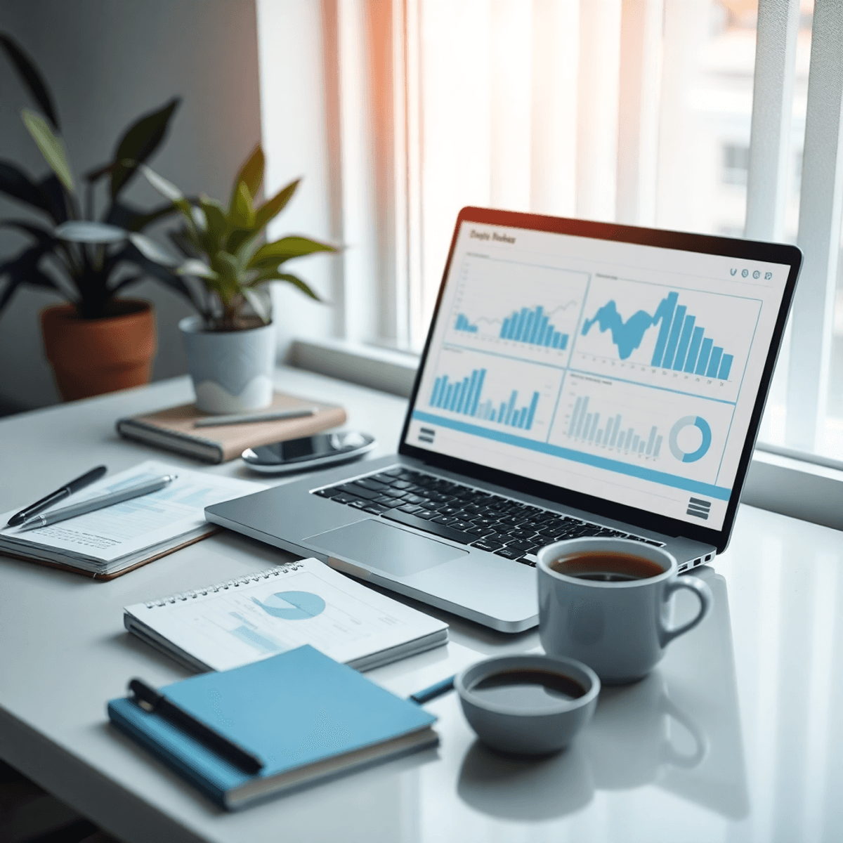 White Label SEO Report 2026: Templates, Examples + Best Tools 6 Modern workspace with laptop showing abstract graphs, surrounded by notebooks and coffee, bathed in soft natural light.