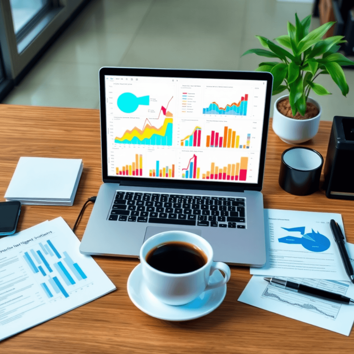 White Label SEO Report 2026: Templates, Examples + Best Tools 8 A modern office desk with a laptop showing colorful abstract graphs, surrounded by documents and a coffee cup, representing strategic analysis and business intelligence.