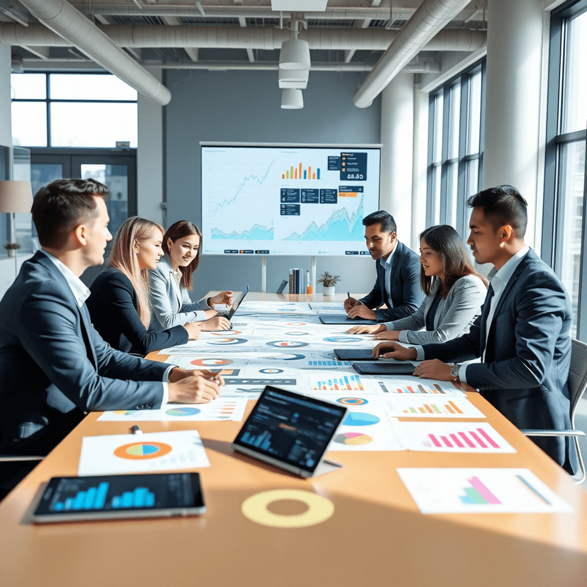 White Label SEO Report 2026: Templates, Examples + Best Tools 5 A modern office with professionals collaborating around a table covered in charts, graphs, and digital devices, bathed in bright natural light.