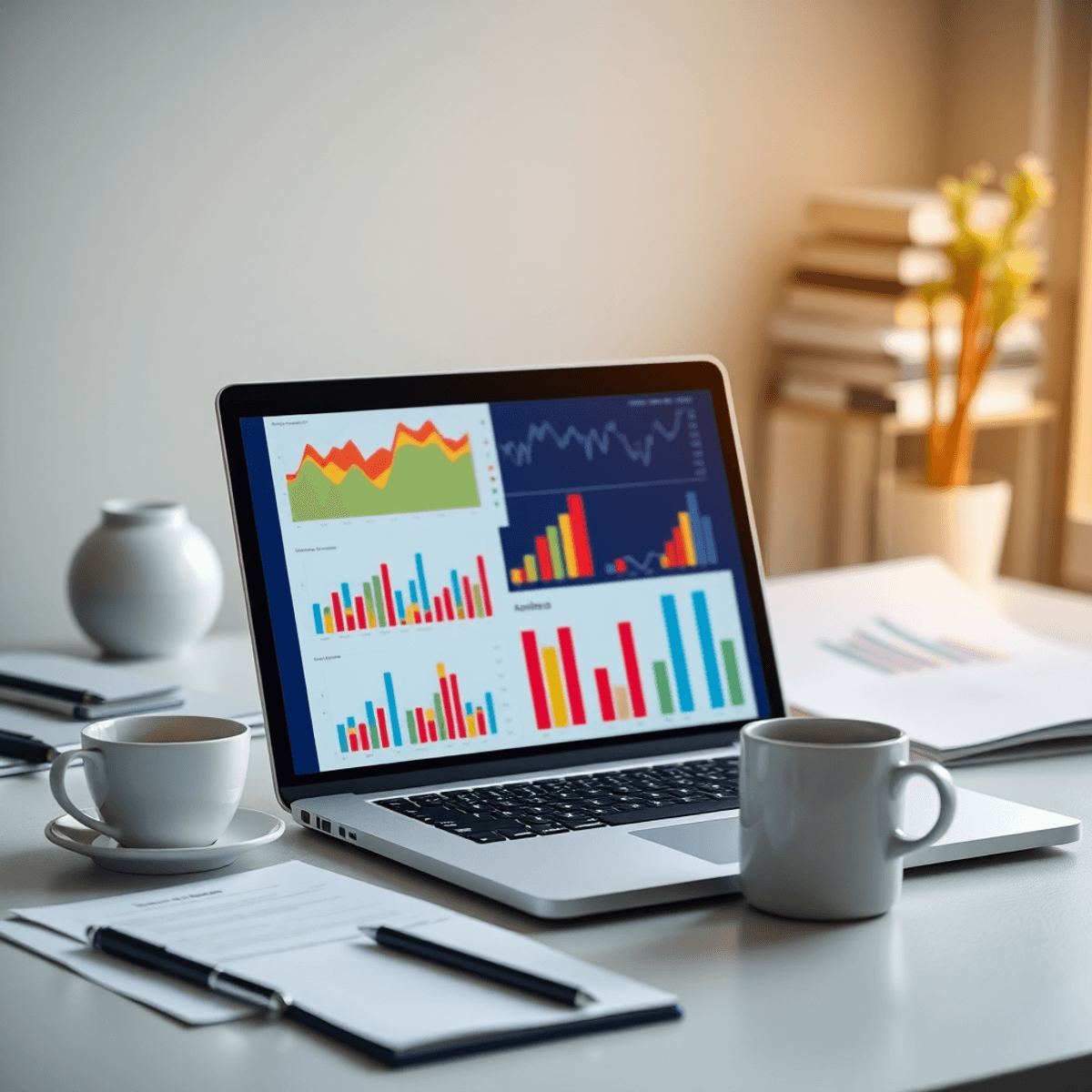 White Label SEO Report 2026: Templates, Examples + Best Tools 15 Laptop showing colorful data charts on a desk with notes and coffee cup in soft natural light, creating a calm and focused workspace atmosphere.