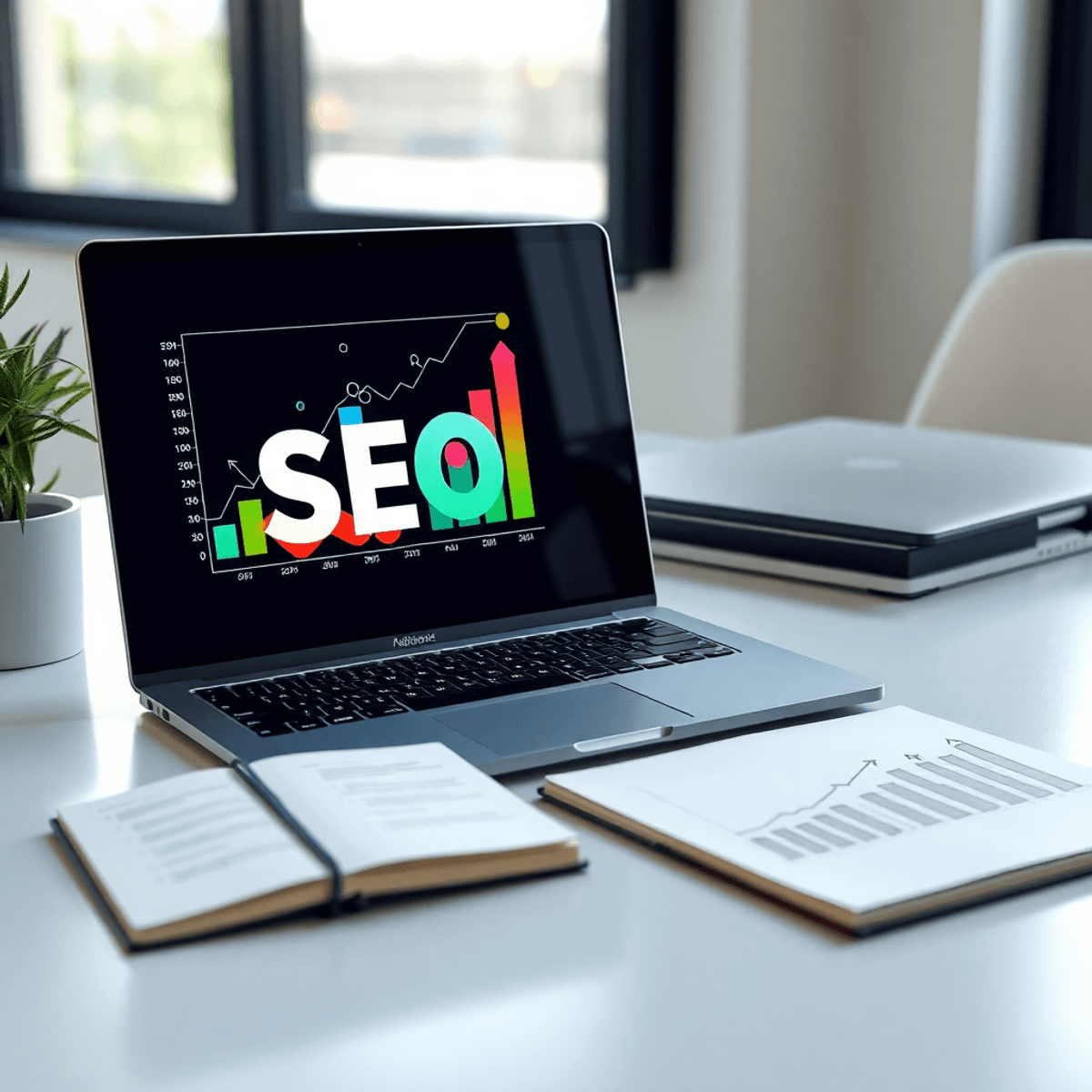 White Label SEO Report 2026: Templates, Examples + Best Tools 10 Modern workspace with a laptop showing colorful SEO charts, a notebook with growth sketches, and soft natural lighting in an organized digital marketing setting.