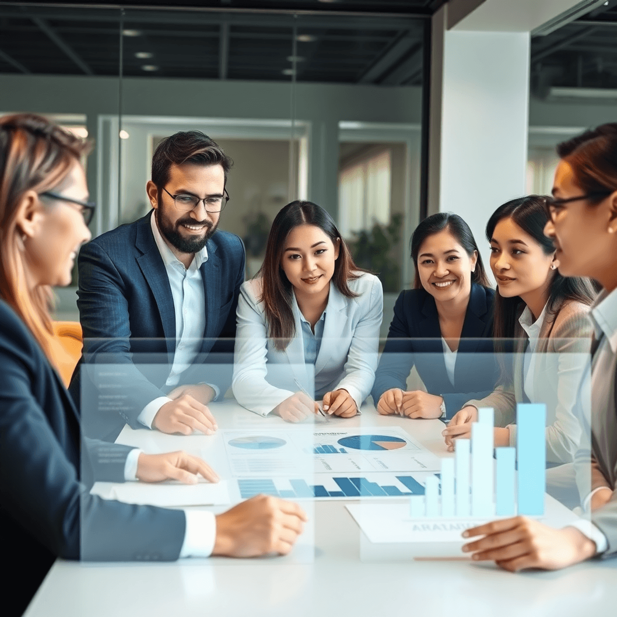 White Label SEO Report 2026: Templates, Examples + Best Tools 11 Team collaborating around a table with transparent digital screens showing charts and graphs in a modern office setting.