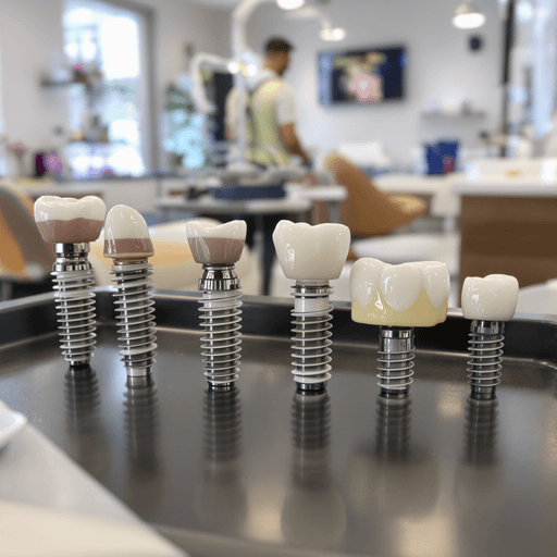 Bright dental clinic interior with close-up of natural-looking dental crowns and implants on a sleek tray, showcasing advanced prosthodontic technology.