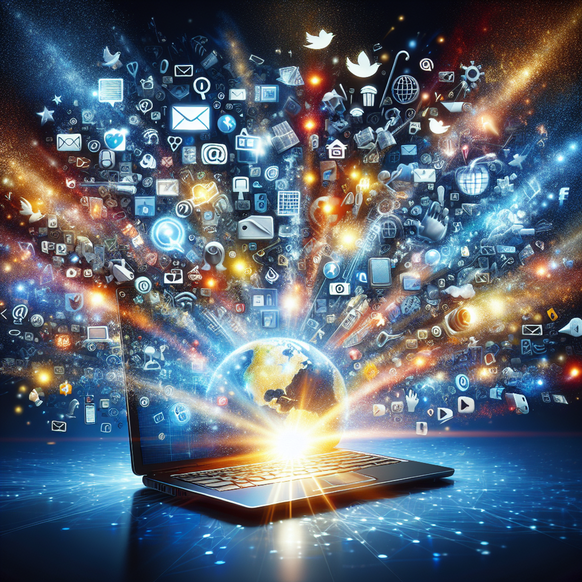 A laptop screen emitting a brilliant, radiating light with internet-inspired symbols dispersed in the air like sparks.