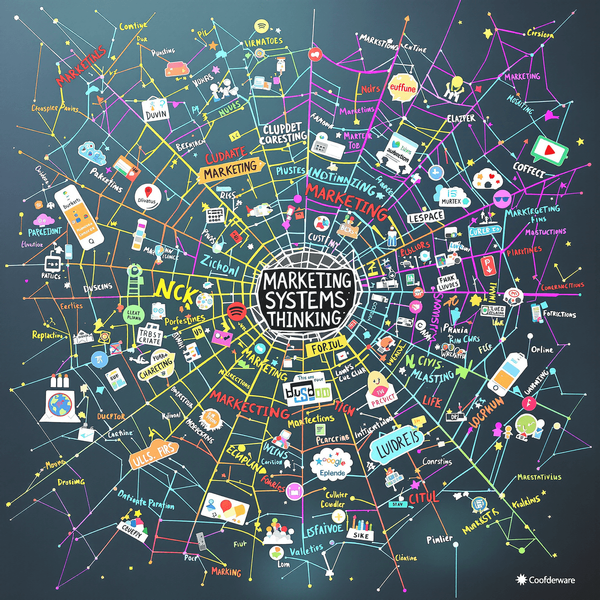 A colorful spider's web with vibrant strands representing various marketing elements, symbolizing interconnectedness and holistic strategies in modern business.