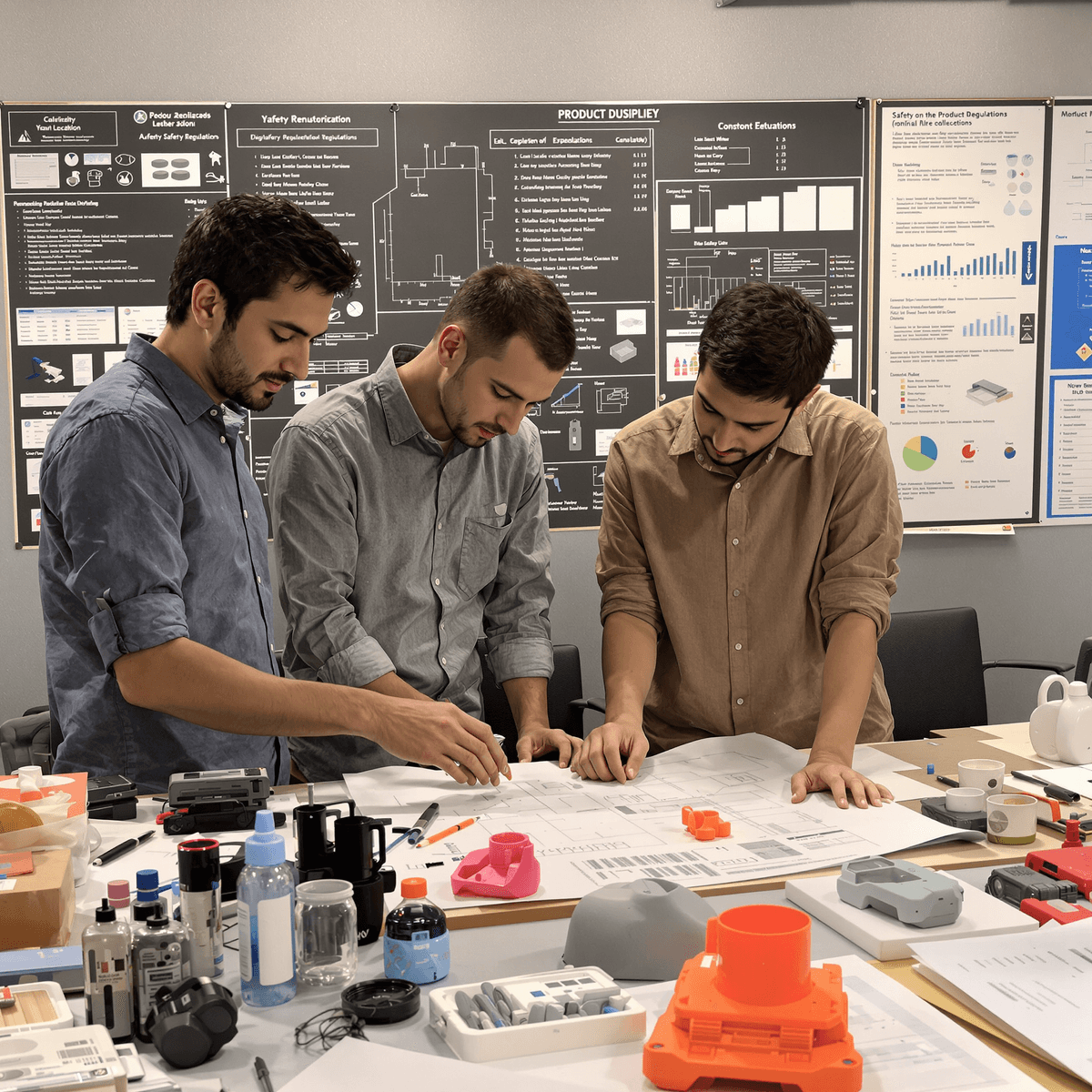 A modern workspace with a group of product designers collaborating over technical drawings and 3D printed prototypes, surrounded by charts and documents.