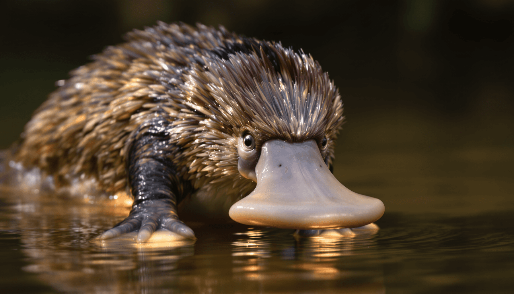 Close-up of a platypus in a river, showing its duck-like bill, beaver-like tail, and glowing effect around its hind legs.