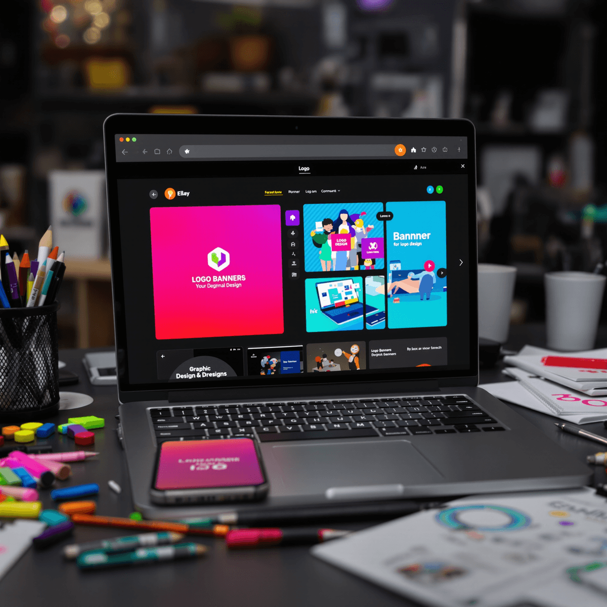 مساحة عمل حديثة مع جهاز كمبيوتر محمول يعرض شعارات وتصميمات لافتات ملونة، محاطة بأدوات تصميم ملونة ورسوم تخطيطية، ترمز إلى الإبداع في التصميم الجرافيكي.