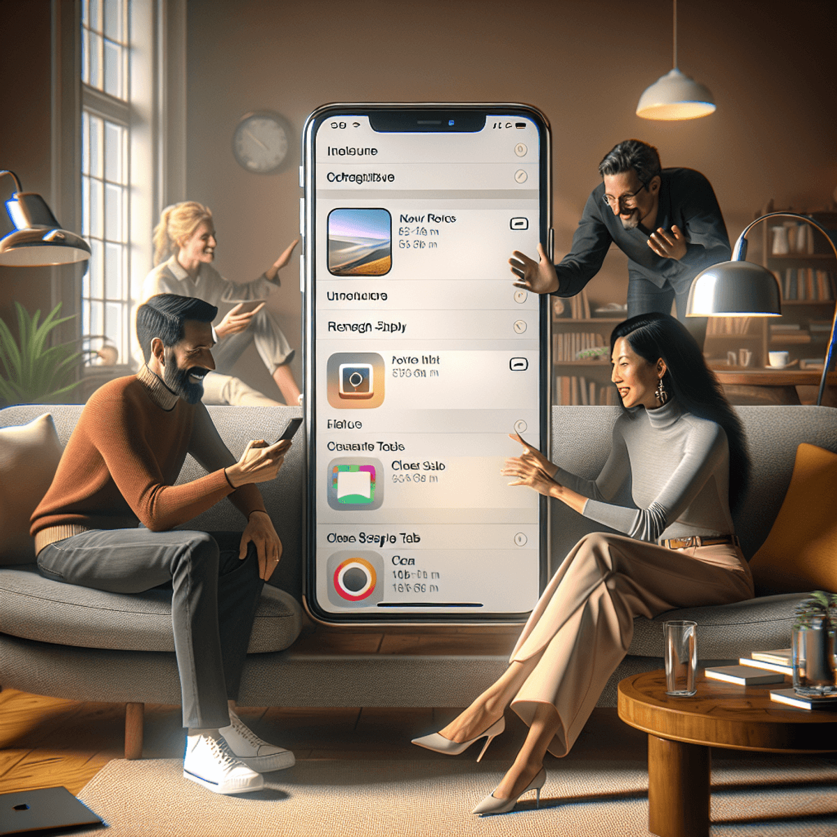 A diverse group of individuals, including a Caucasian woman and an Asian man, are seated in a modern living room surrounded by stylish furnishings. They appear engaged in a lively discussion while examining a smartphone held by one person. The device's screen shows an iOS 18 interface featuring a redesigned photos app and options to clear Safari tabs. The room is decorated with contemporary tech-forward elements, emphasizing innovation and collaboration among the individuals.