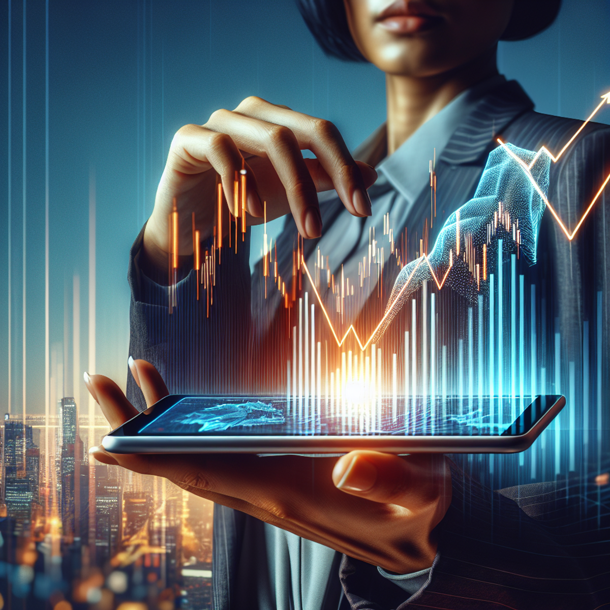 A professional individual of South Asian descent, gender fluid, holding a digital tablet displaying a stock market graph.