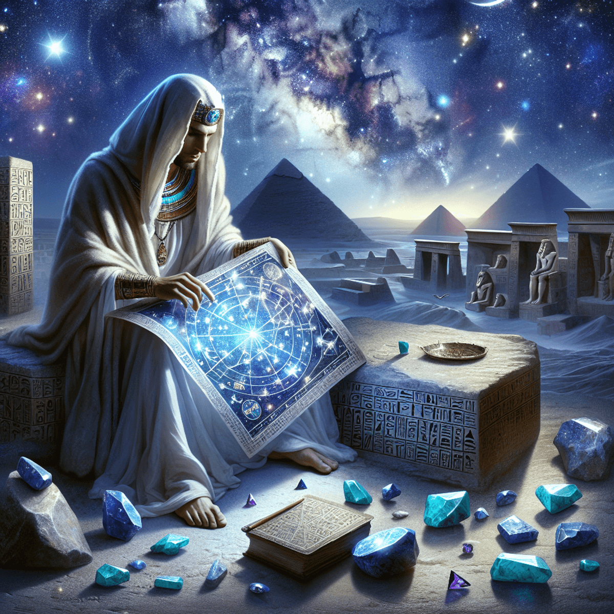 A Caucasian astrologer in traditional attire studies the stars under a starlit sky in ancient Egypt. He holds an intricate celestial map adorned with constellation symbols, surrounded by vibrant blue lapis lazuli and turquoise gemstones. In the background, majestic pyramids and hieroglyph-style structures are illuminated by the glow of the night sky, symbolizing the connection between astrology and spirituality in this ancient civilization.