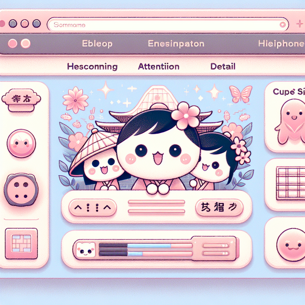 A Japanese web design illustration with soft pastel shades, cute characters, intricate buttons, emojis, and finely designed scroll bars, creating a welcoming and friendly atmosphere.