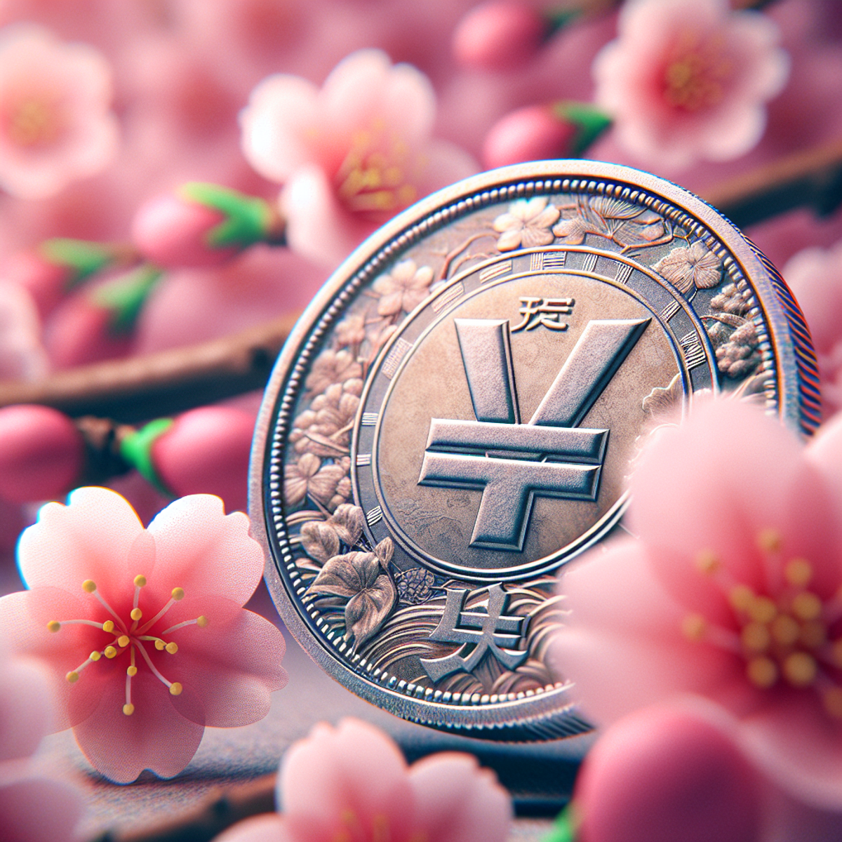 A close-up image of a Japanese yen coin with intricate details and symbols, surrounded by soft, blurred cherry blossoms.