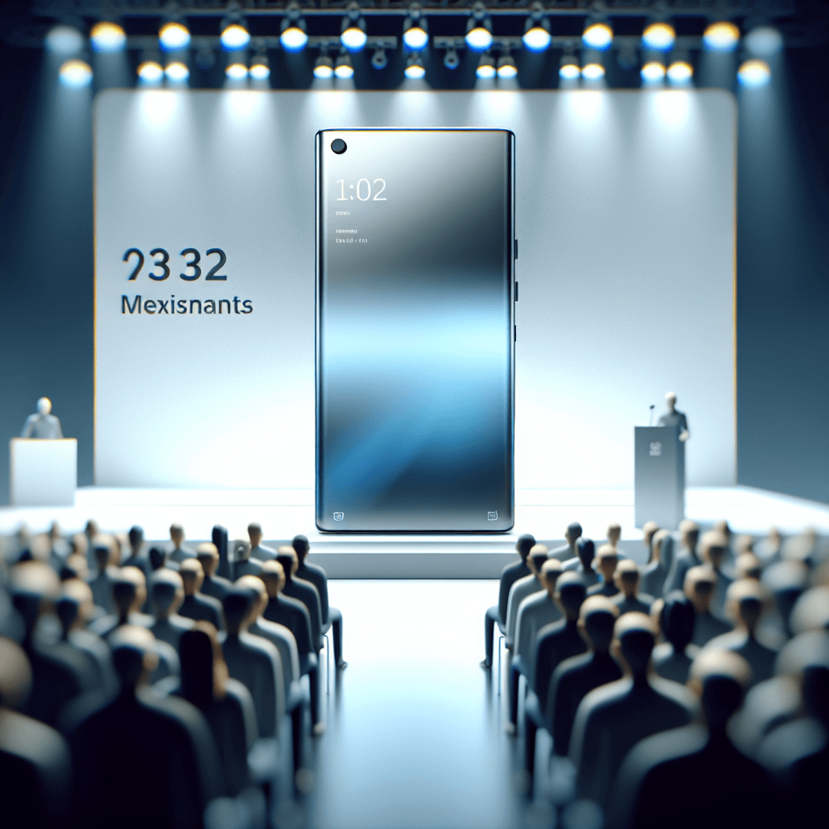 A sleek, modern smartphone in Titanium Grey and Blue hues is prominently displayed in the foreground, showcasing its refined design and advanced camera system. The background features a blurred crowd at a minimalist technological keynote speech, with hints of excitement and anticipation visible on their faces as they await the device's reveal.