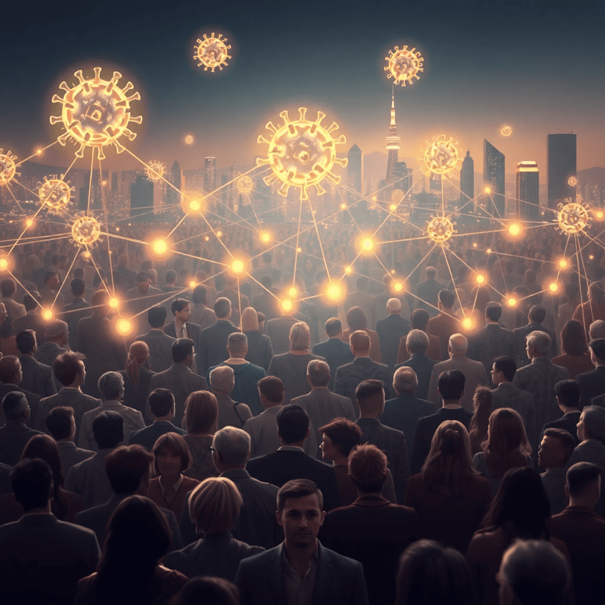 A large crowd connected by glowing neural lines with abstract virus shapes and a futuristic cityscape in the background, symbolizing social conditioning and pandemics.