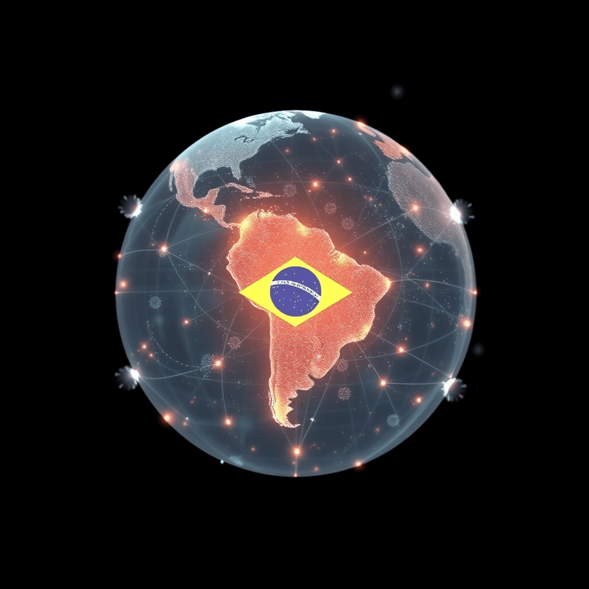 Glowing translucent globe centered on Brazil, surrounded by abstract virus particles and digital network lines in a futuristic, scientific style.