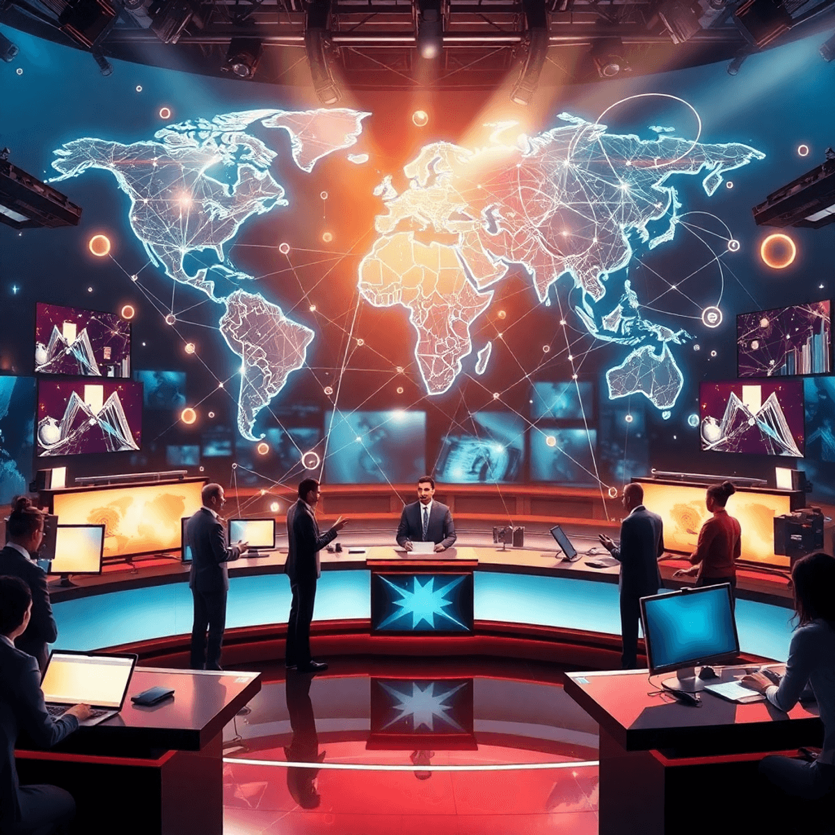 Journalists and anchors working in a vibrant newsroom with glowing screens, floating symbols, and a world map showcasing global information flow.
