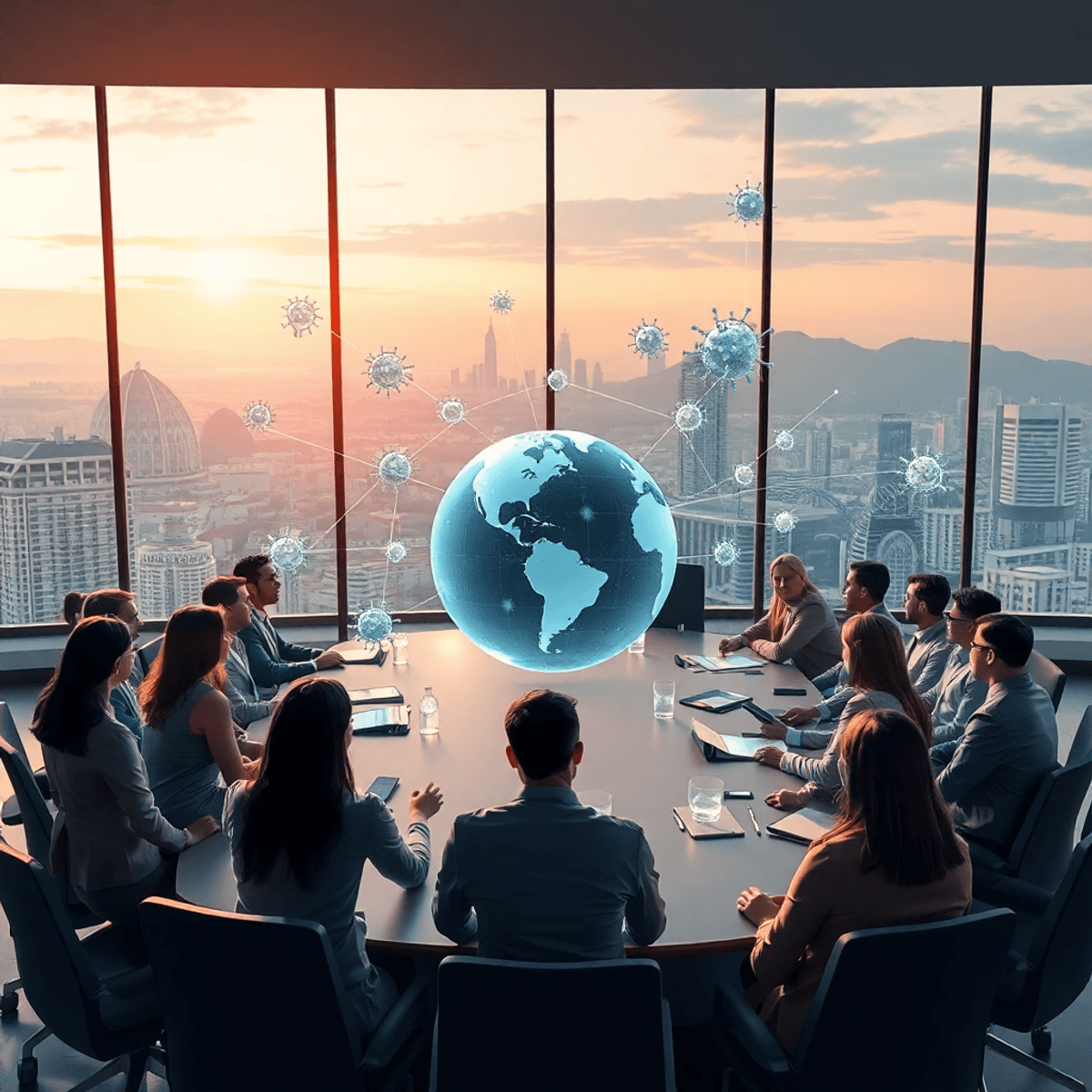 People in a meeting room with holograms of a globe and viruses, abstract data shapes, and a Brazilian cityscape in the background, symbolizing pandemic planning.