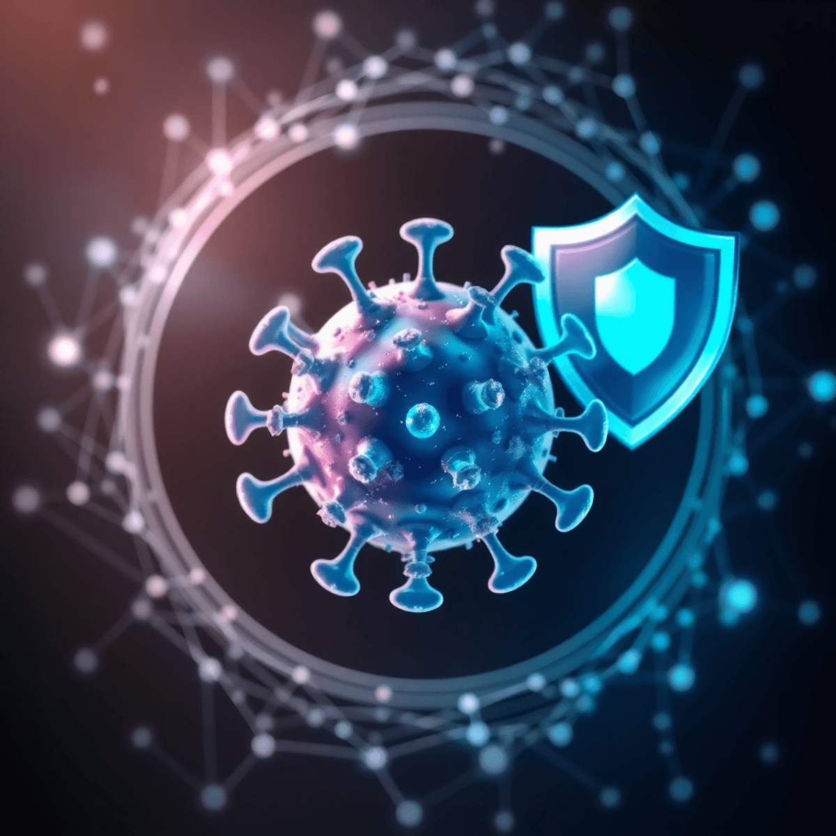 A glowing translucent virus surrounded by digital network lines and a shield on a dark background with subtle light effects.