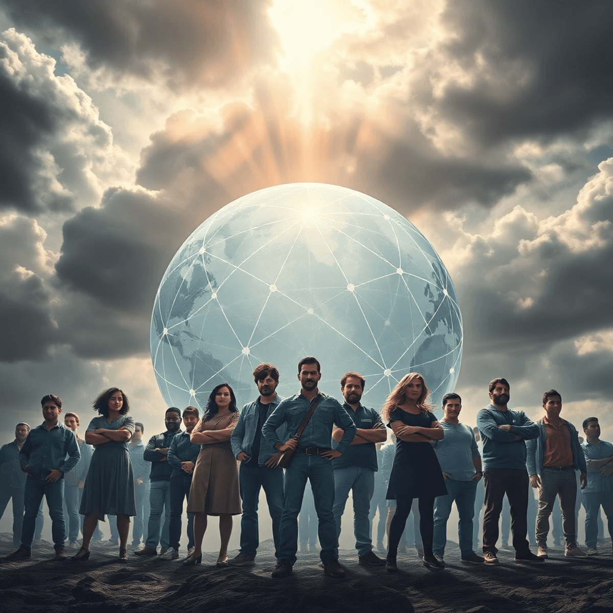 A diverse group stands united before a large abstract globe of interconnected lines, under stormy skies with rays of light breaking through clouds.