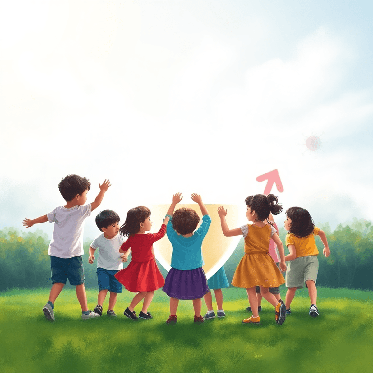 Protective shield surrounding children playing outdoors with fading abstract viruses in the background, symbolizing safety during pandemics.