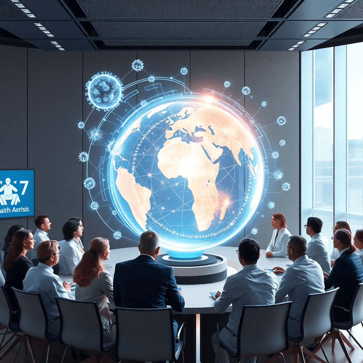 Scientists and policymakers gathered around a glowing digital globe with swirling data and virus shapes in a futuristic conference room.