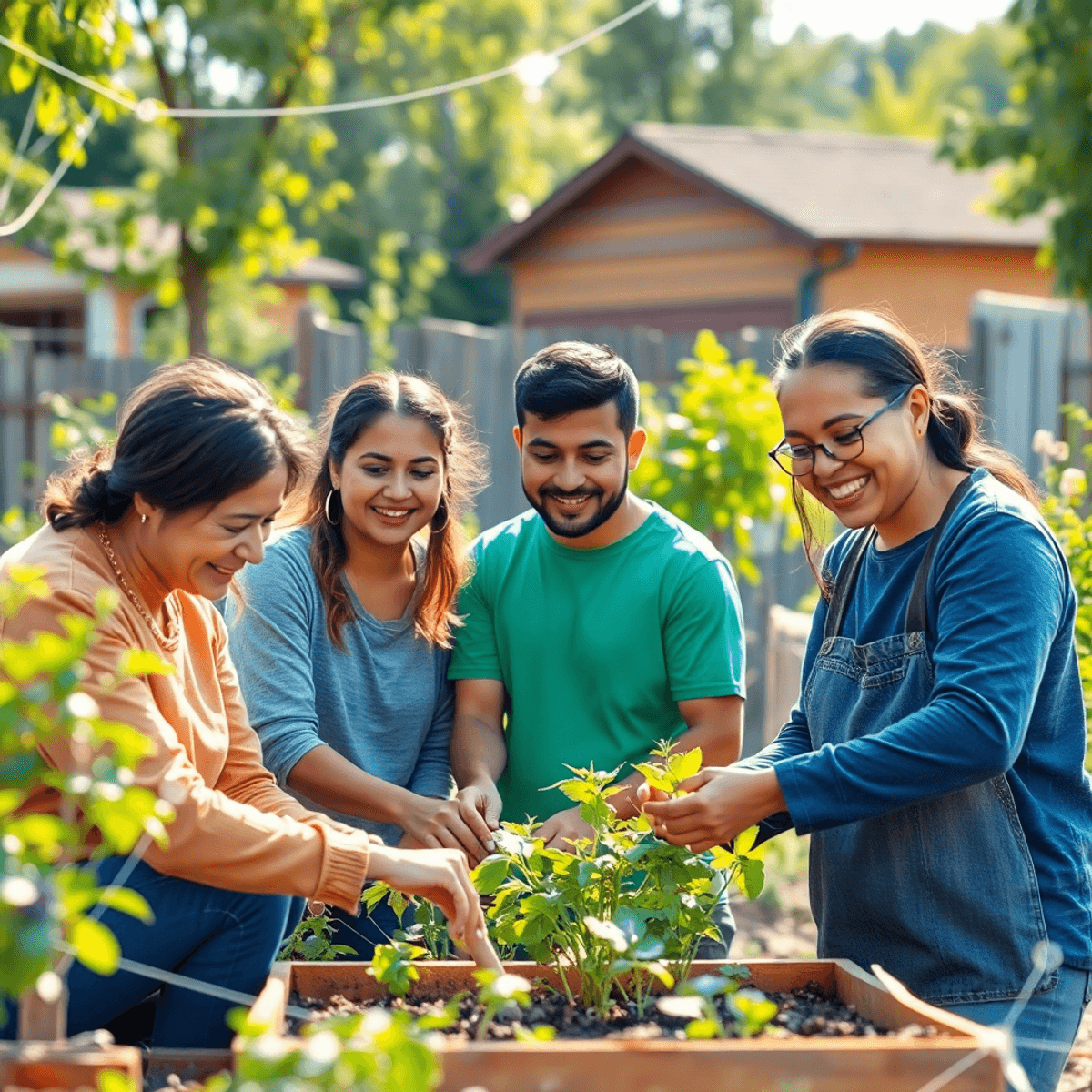 A group of people working together in a sunny community garden with greenery and glowing network lines symbolizing unity and grassroots cooperation.