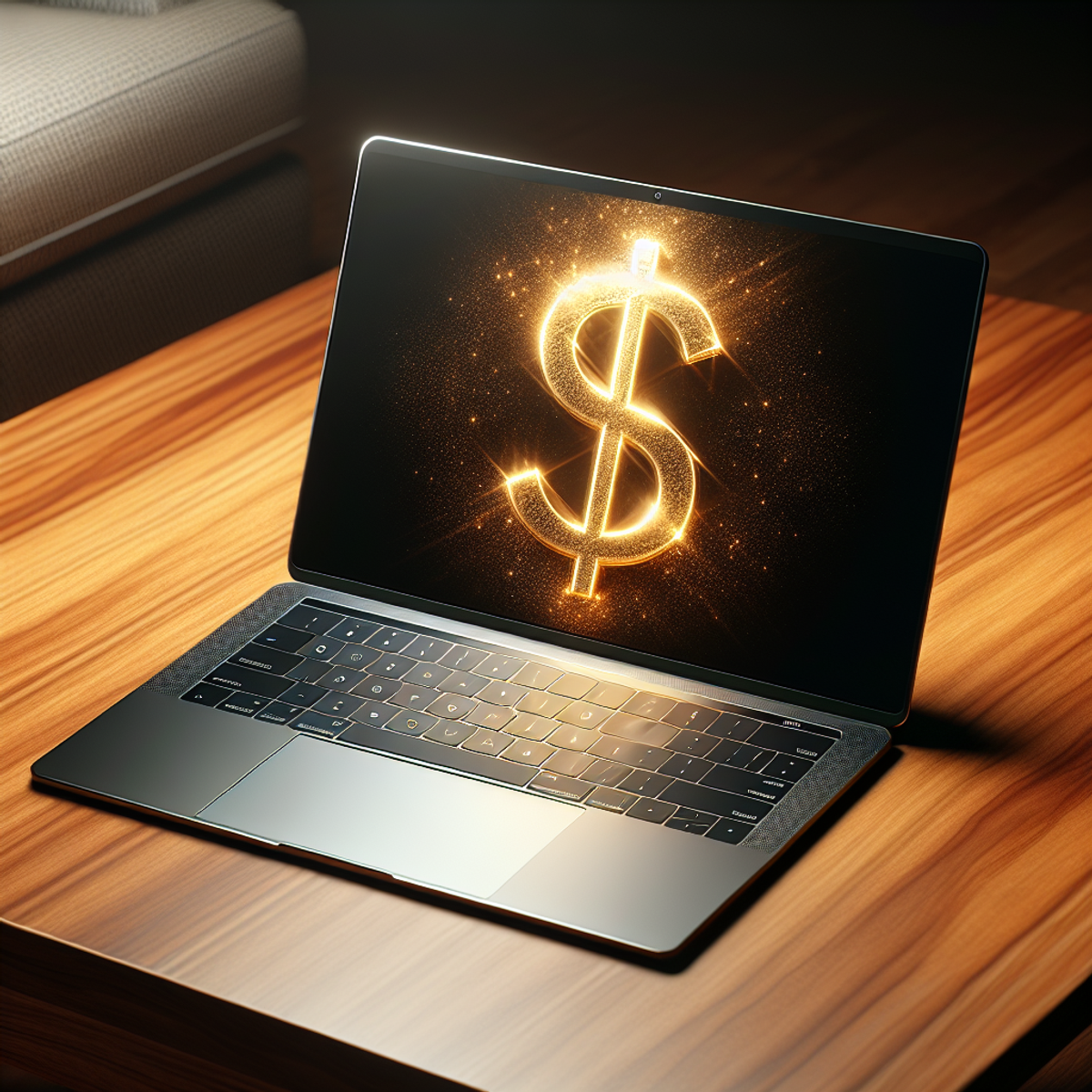 Sleek modern laptop on wooden table displaying golden dollar sign symbol alt text
