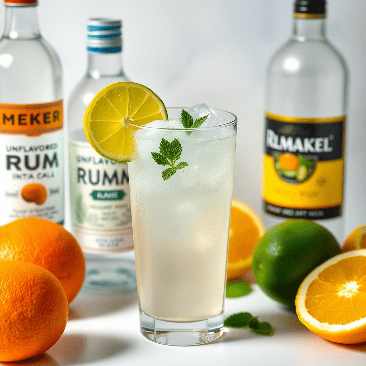 Clear cocktail with ice, lime slice, and mint sprig, surrounded by bottles of rum, sparkling water, and fresh citrus on a bright background.