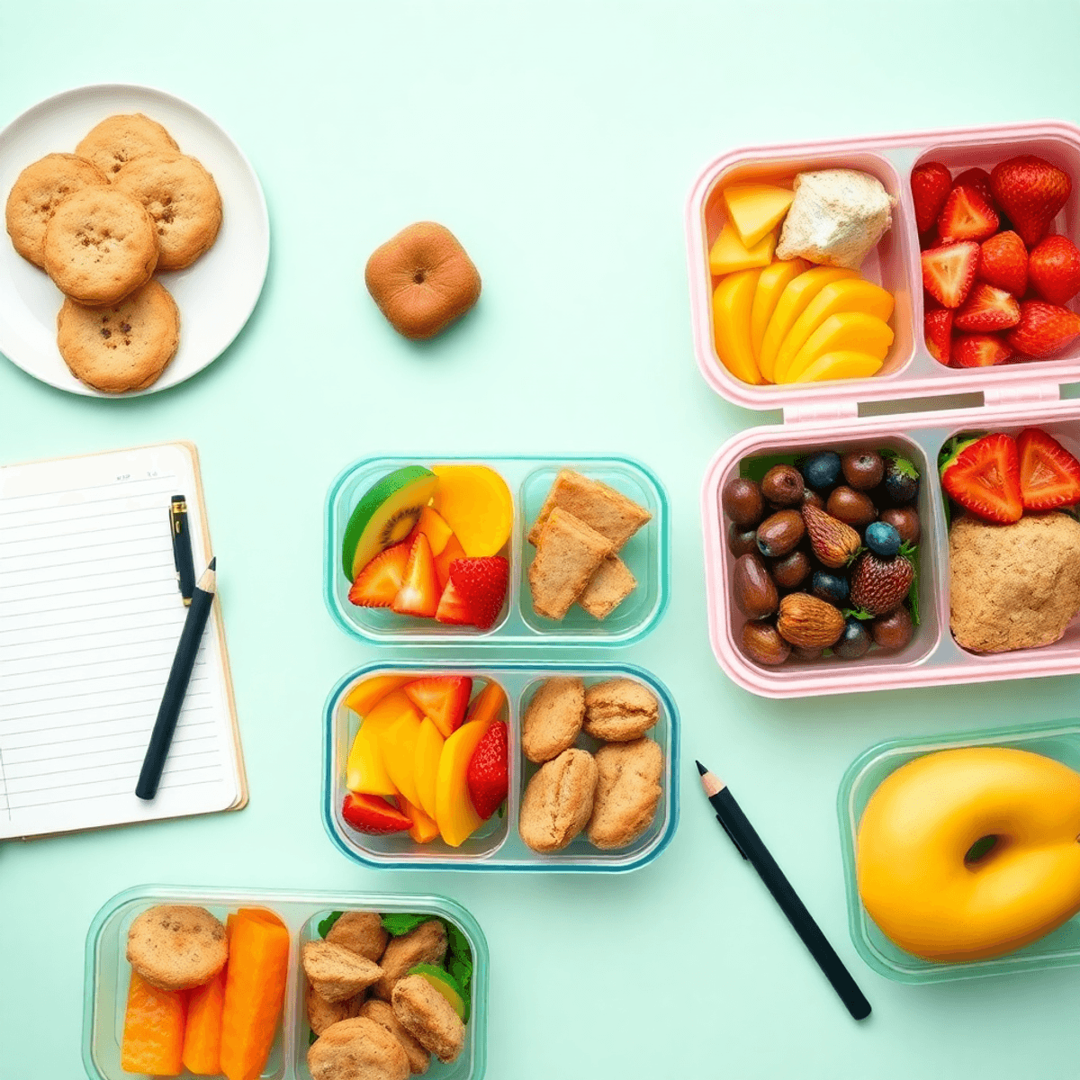 A colorful flat lay of meal prep featuring sugar-free cookies, fruits, lean proteins in lunch boxes, and a weekly meal plan notebook with a pencil on a bright kitchen countertop.