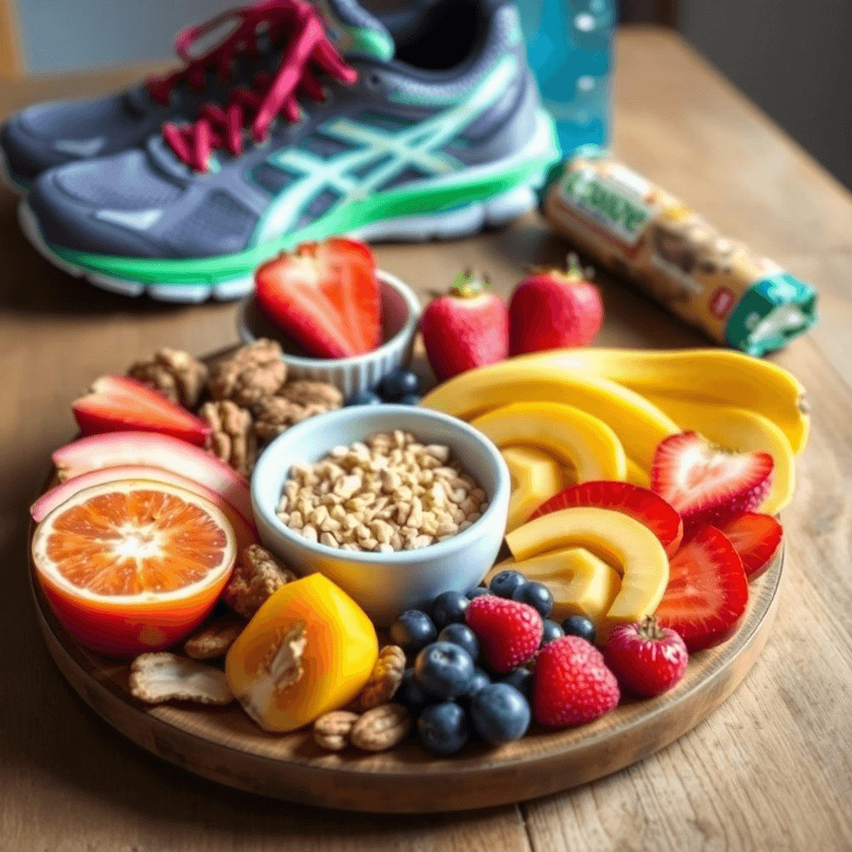 A colorful gluten-free, sugar-free snack spread with fruits, nuts, energy bars on a wooden table, with running shoes and a water bottle in the background.
