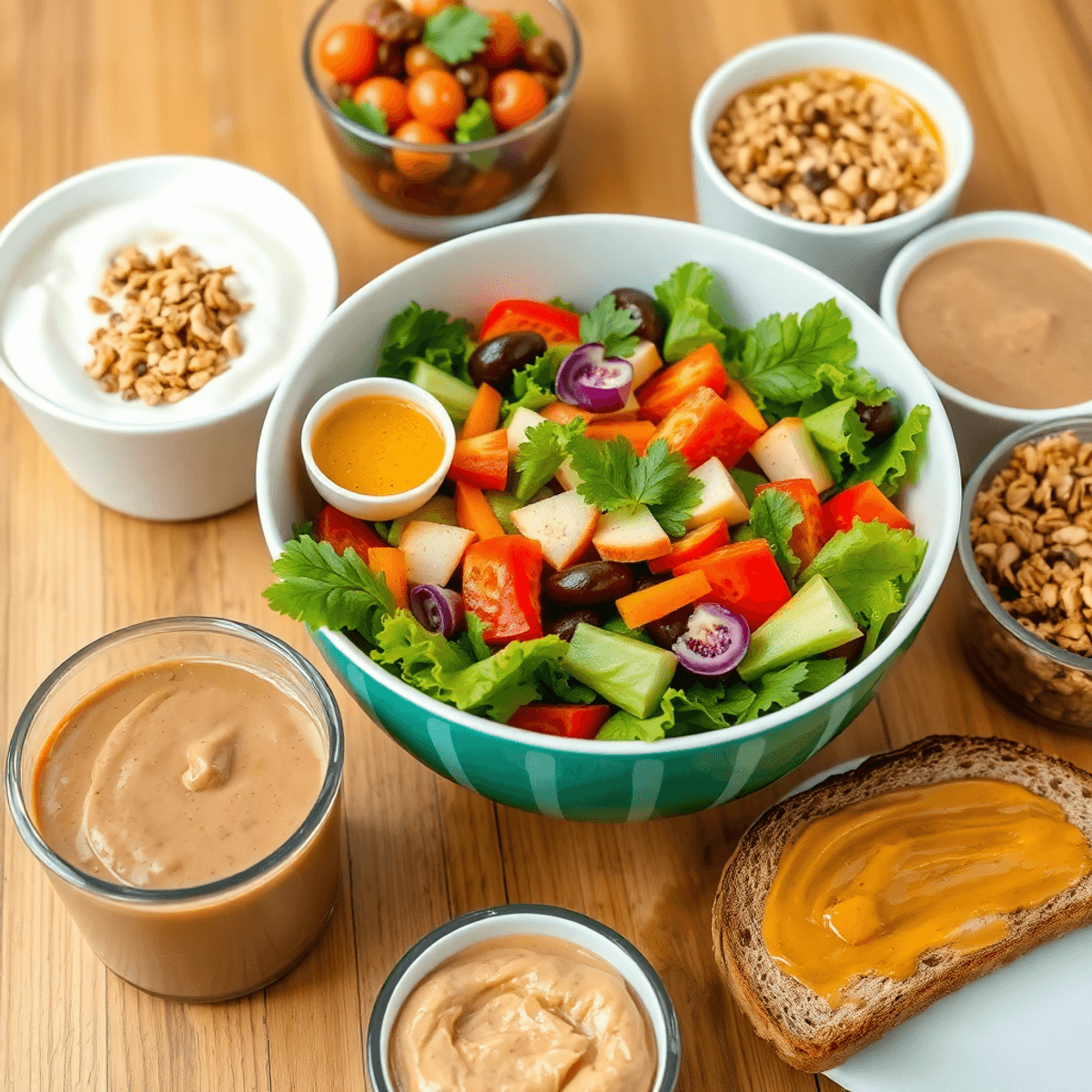 A fresh salad bowl with vibrant vegetables, vinegar dressing, yogurt with granola and honey, smoothie bowls, and whole grain toast with nut butter on a wooden table.