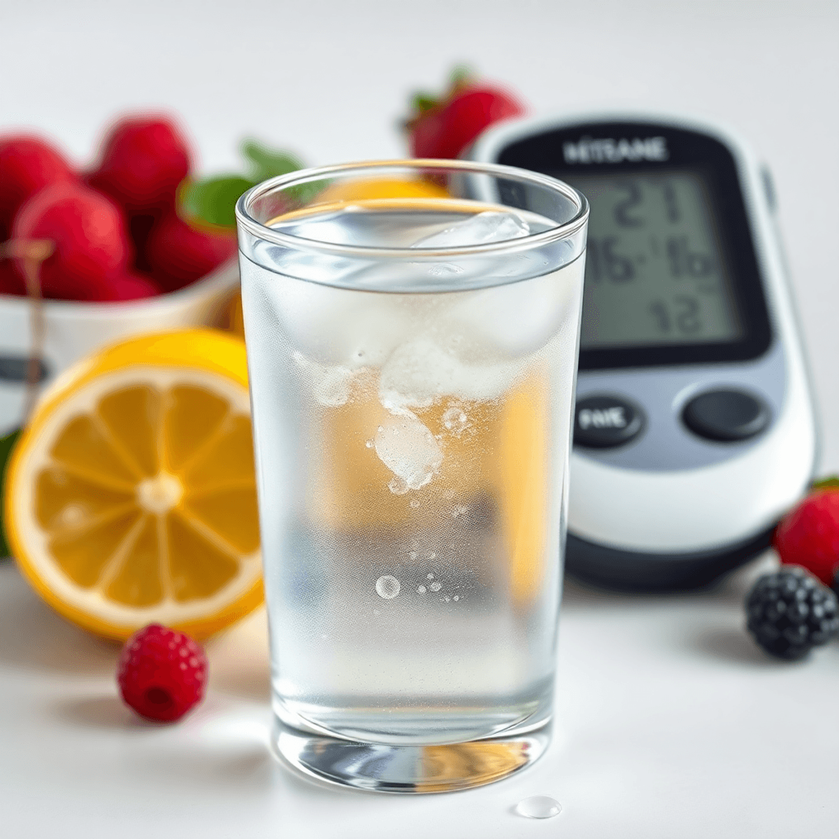 A glass of water with droplets beside a blood sugar monitor and fresh lemons and berries on a wooden surface.