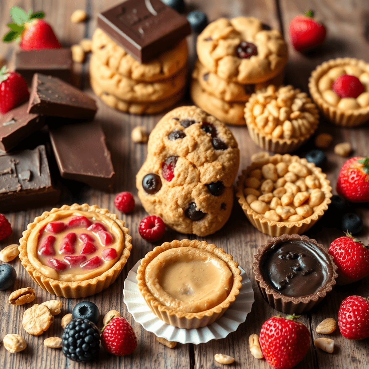 A variety of sugar-free, low-carb desserts like dark chocolate squares, almond cookies, berry tarts, peanut butter cups, and cheese crisps on a rustic wooden table.