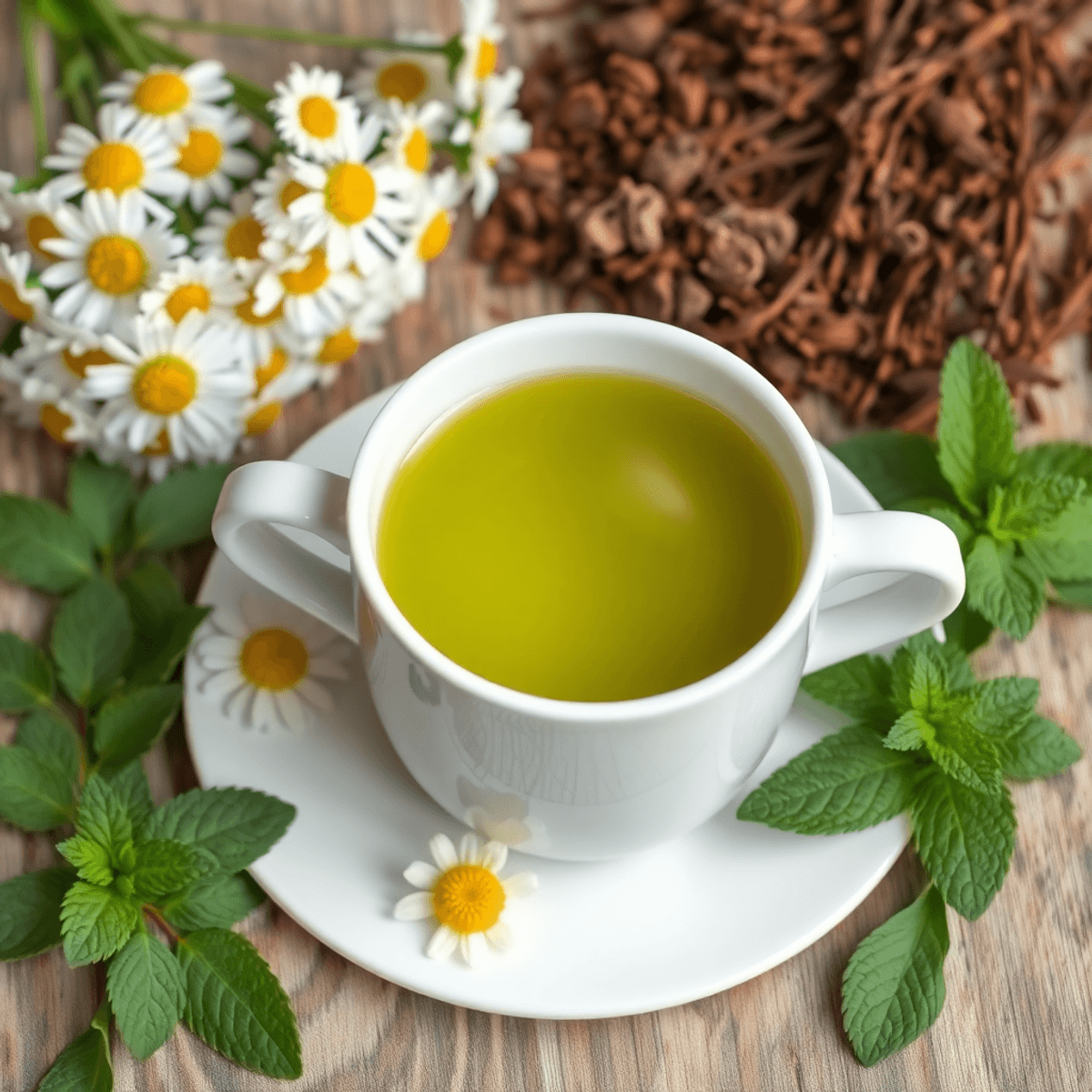 A steaming cup of green tea surrounded by chamomile flowers, peppermint leaves, and rooibos branches in a cozy, natural setting.