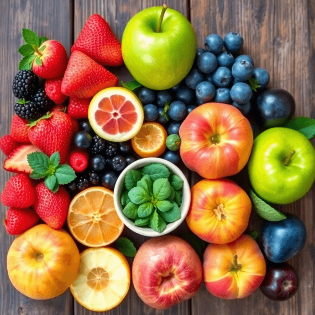 Assorted fresh berries, green apples, citrus fruits, peaches, plums, and a bowl of stevia leaves on a rustic wooden table.