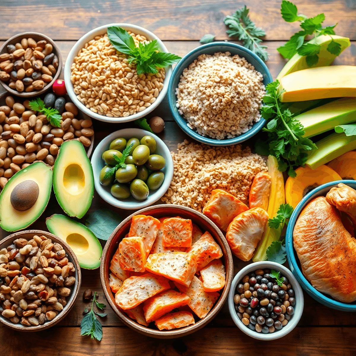 A colorful assortment of healthy foods like nuts, seeds, avocados, olives, grains, fish, chicken, and legumes on a wooden table with natural light.