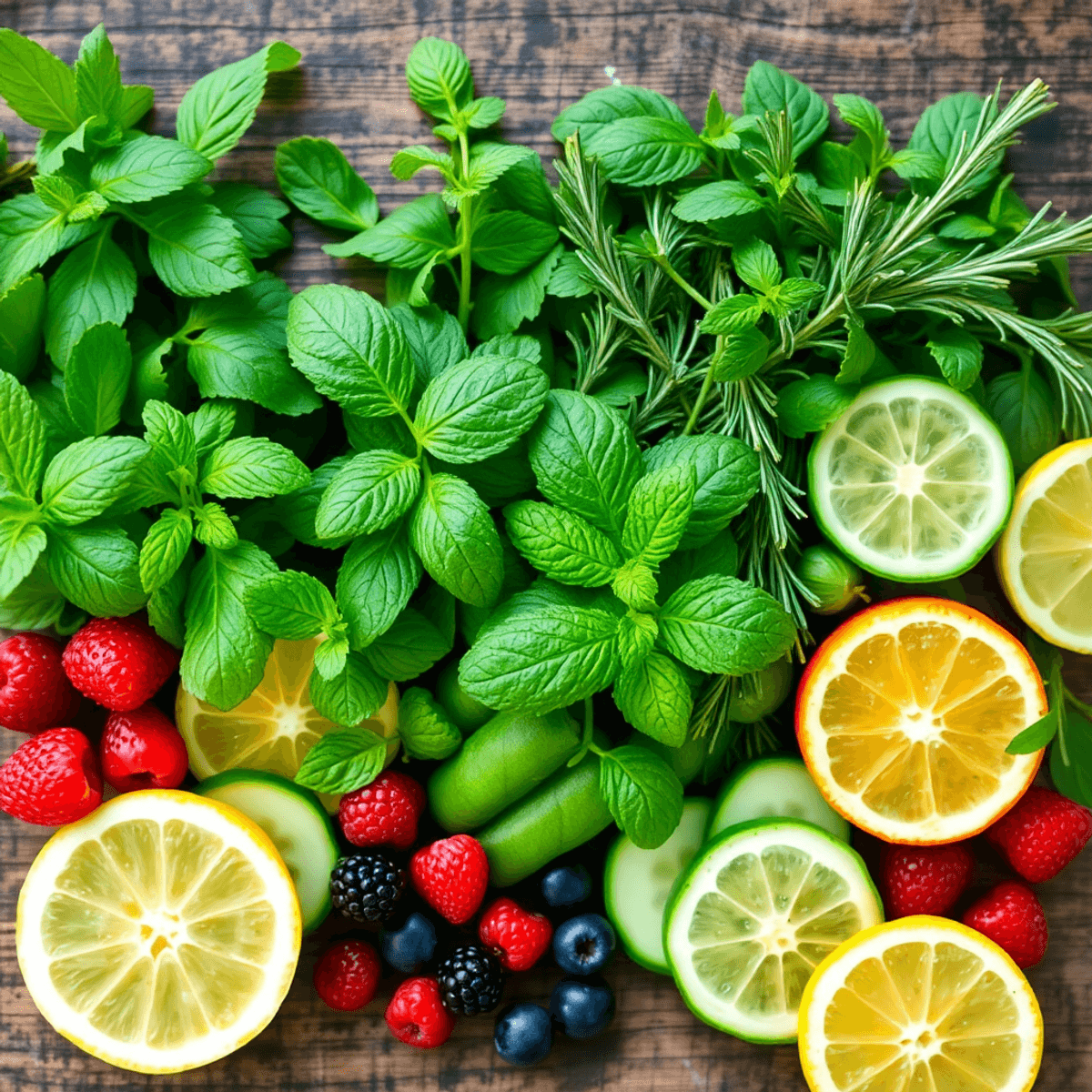 Fresh herbs, sliced cucumbers, berries, and citrus fruits arranged on a rustic wooden surface for cocktail ingredients.