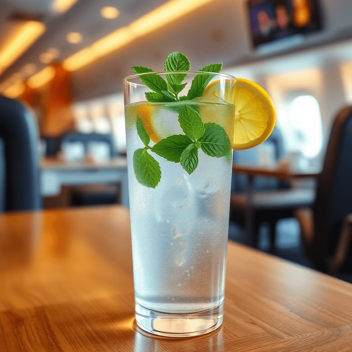 Glass of sparkling water with lemon and mint on wooden table, airplane cabin and restaurant blurred in background.