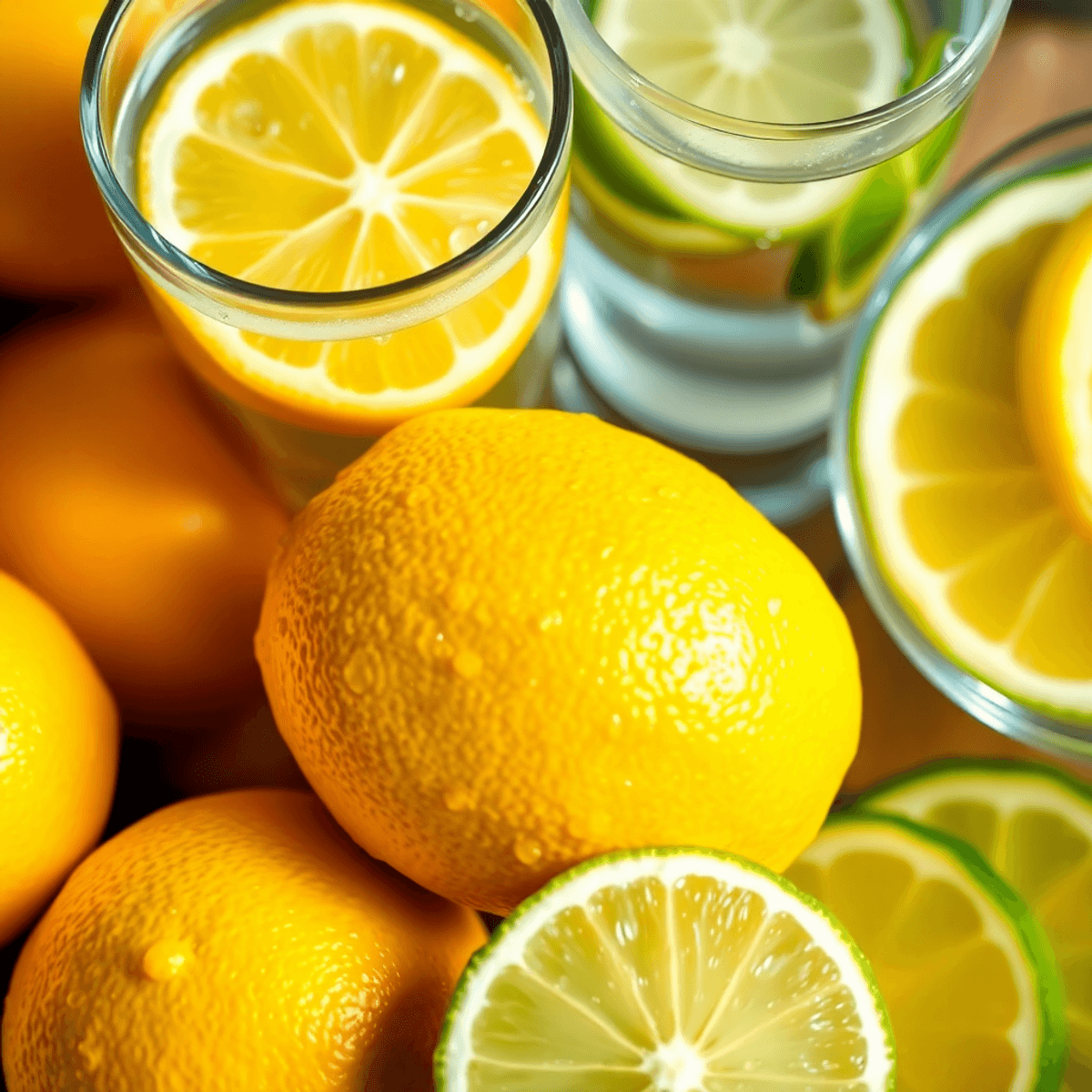 Close-up of fresh lemons and limes with water droplets, next to a glass of infused water and a bowl of citrus slices, showcasing freshness and health.