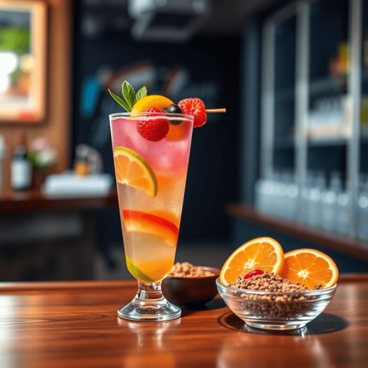 Colorful sugar-free cocktail with fresh fruit garnishes and natural sweeteners on a wooden bar counter in a modern, trendy bar setting.